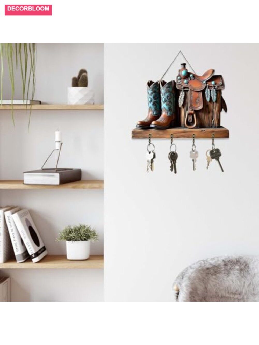 Boot-Shaped Wooden Key Holder with 4 Hooks - Wall Mount Entryway Organizer - Picture 5 of 6